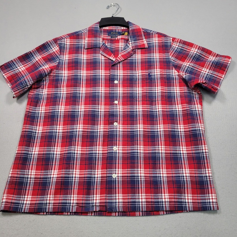 Polo Ralph Lauren Mens XL Classic Fit Red Blue Plaid Camp Shirt Short Sleeve